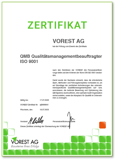 Musteransicht des QMB-Zertifikats (Deutsch)